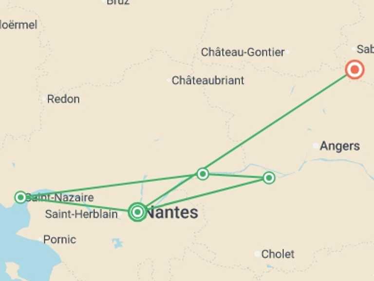 Map itinerary of Mediterranean Tour in November 2026 with 7 destination visits for the trip: The Loire Valley, a Royal legacy (port-to-port cruise)