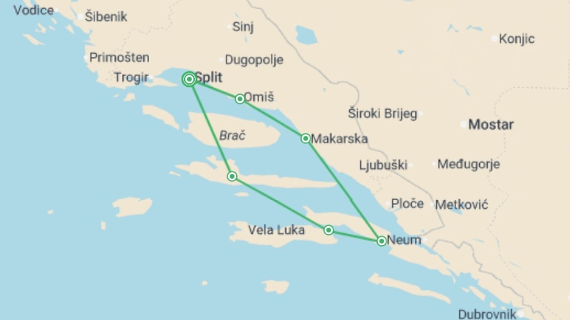 A map showing the tour itinerary for the trip: Croatia Island Sail and Ultra Music Festival with Festigo Travel, starting in Split, Croatia and ending in Split, Croatia going through 4 other destinations.