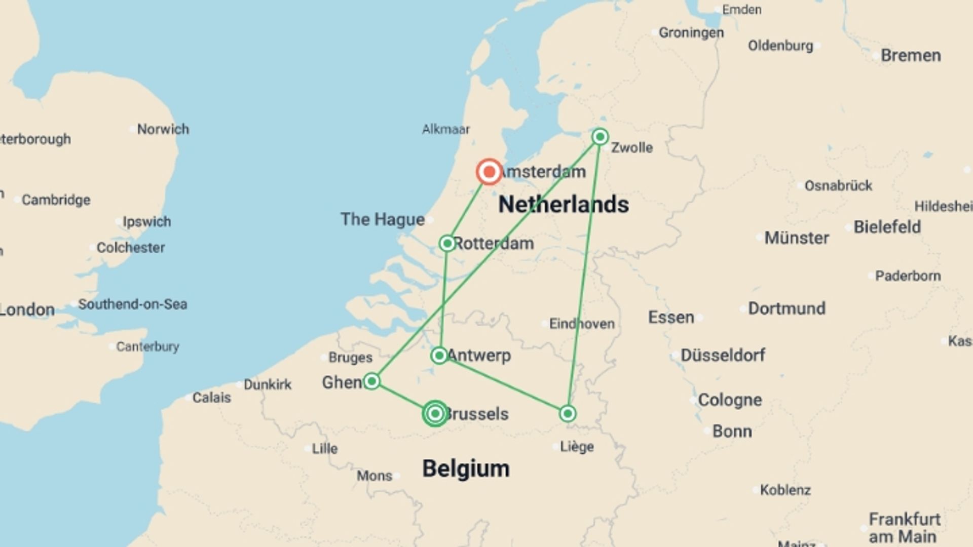 A map showing the tour itinerary for the trip: Dutch & Belgian Holiday Celebration (2027), starting in Brussels, Belgium and ending in Amsterdam, Holland going through 5 other destinations.