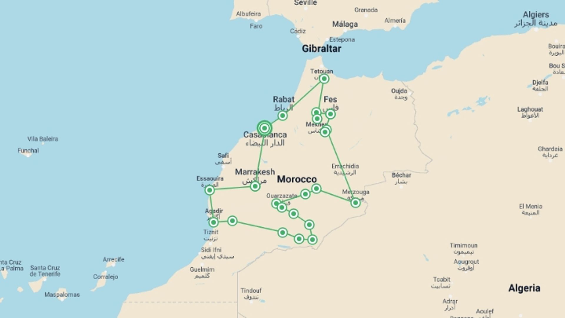 A map showing the tour itinerary for the trip: 14-Day Authentic Morocco Tour -Grand Tour From Casablanca, starting in Casablanca, Morocco and ending in Casablanca, Morocco going through 18 other destinations.
