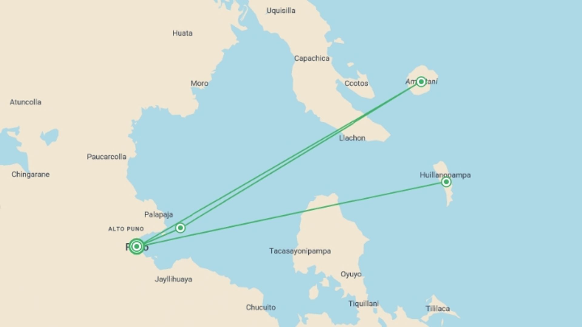 A map showing the tour itinerary for the trip: 2-Day Tour Lake Titicaca: Uros, Amantani & Taquile - Lake Hotels, starting in Puno, Peru and ending in Puno, Peru going through 0 other destinations.