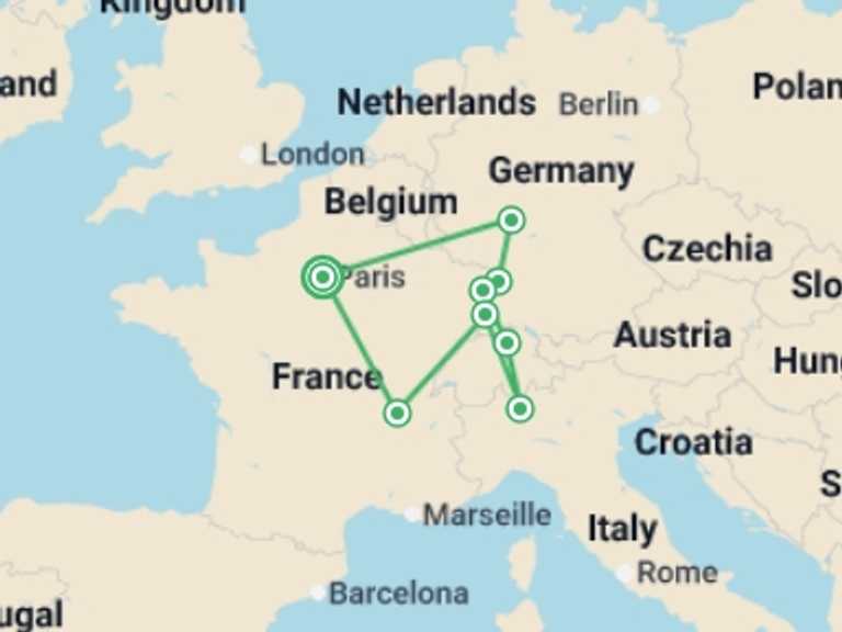 Map of Europe Tour with 8 destination visits for the trip: France and Switzerland with Alsace and Black Forest