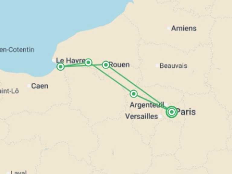 Map itinerary of Europe Tour in April 2027 with 5 destination visits for the trip: Authentic Normandy: Charming Villages, Traditional Food, and Classic Sites (port-to-port cruise)