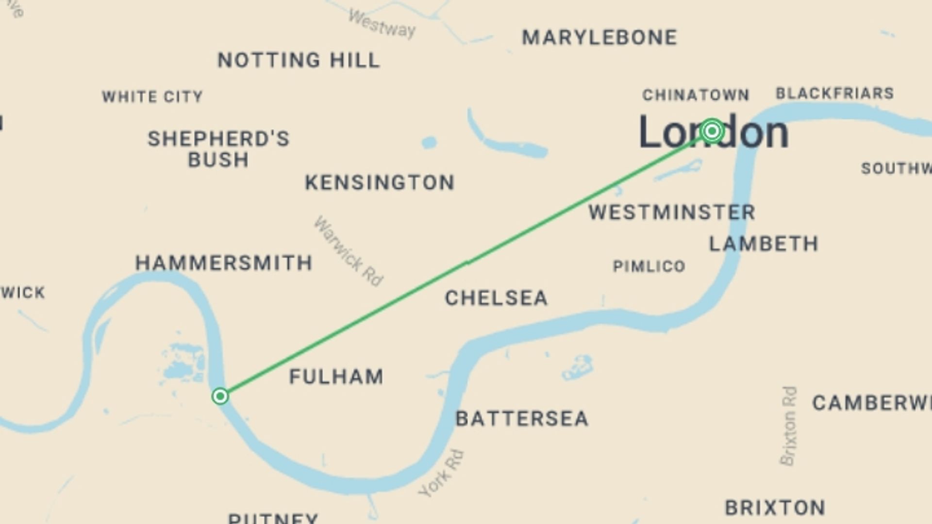 A map showing the tour itinerary for the trip: Fulham FC: London Beyond the Pitch, starting in London, England and ending in London, England going through 1 other destinations.