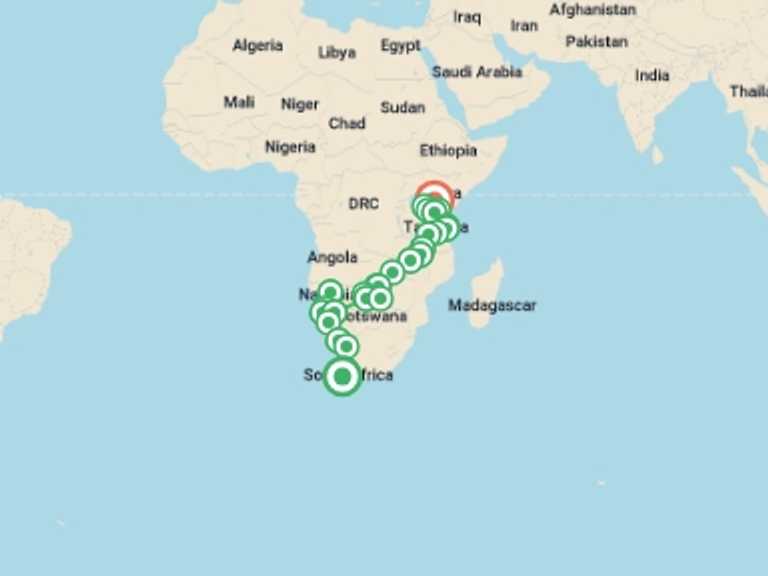 Map of Windhoek Wildlife Tour with 27 destination visits for the trip: 41-day Cape Town to Kenya Camping
