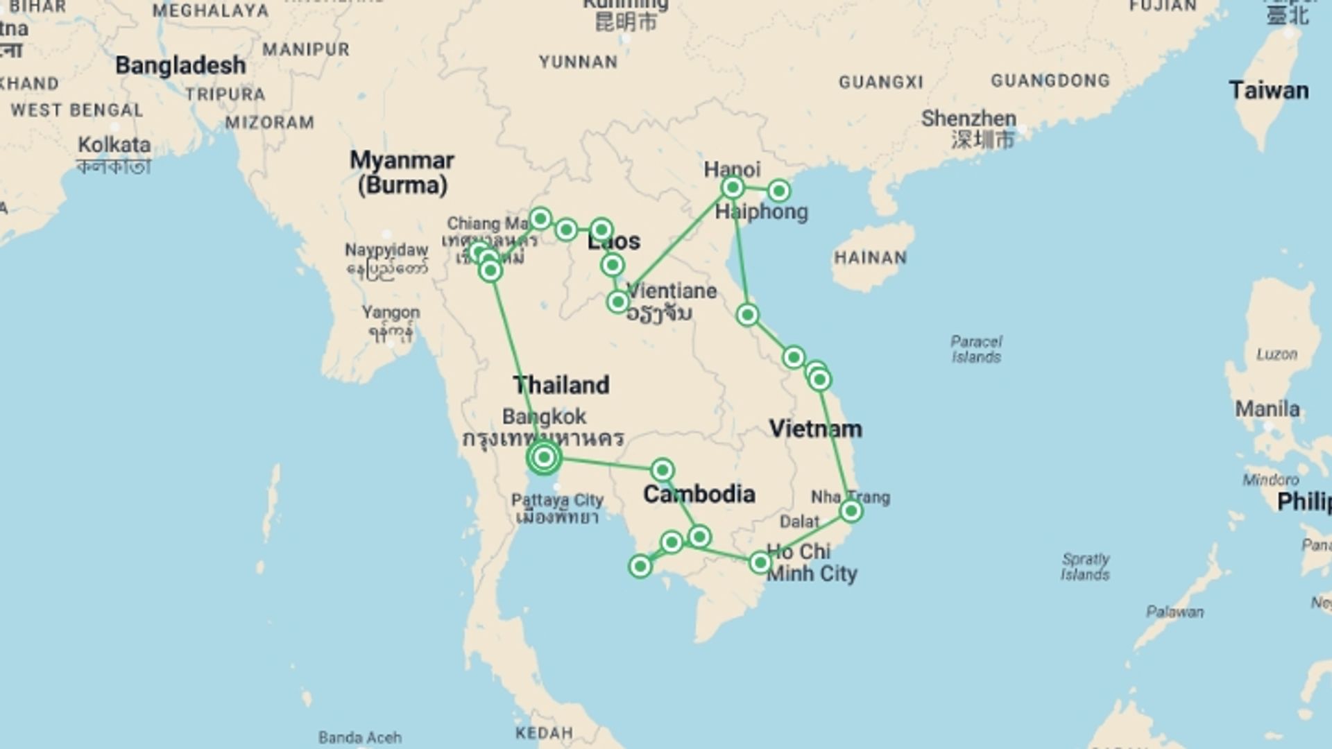 A map showing the tour itinerary for the trip: Southeast Asia: Northern Hilltribe Trekking & Beach Vibes, starting in Bangkok, Thailand and ending in Bangkok, Thailand going through 20 other destinations.