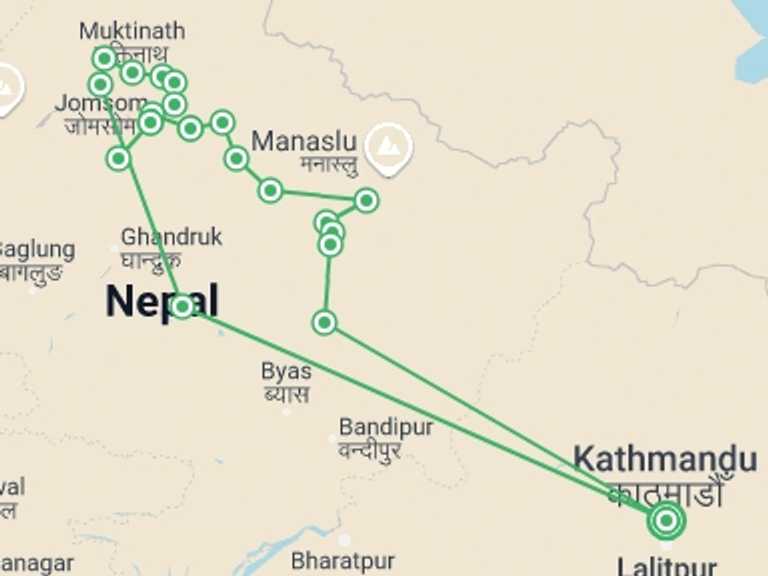 Map of 19-Day Kathmandu Tour with 15 destination visits for the trip: Tilicho Lake Trekking