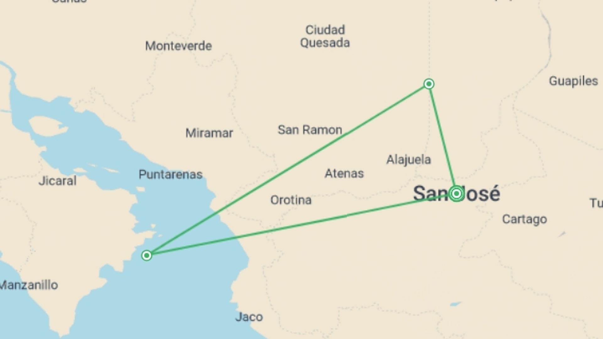 A map showing the tour itinerary for the trip: Costa Rica Pura Vida, starting in San Jose, Costa Rica and ending in San Jose, Costa Rica going through 2 other destinations.