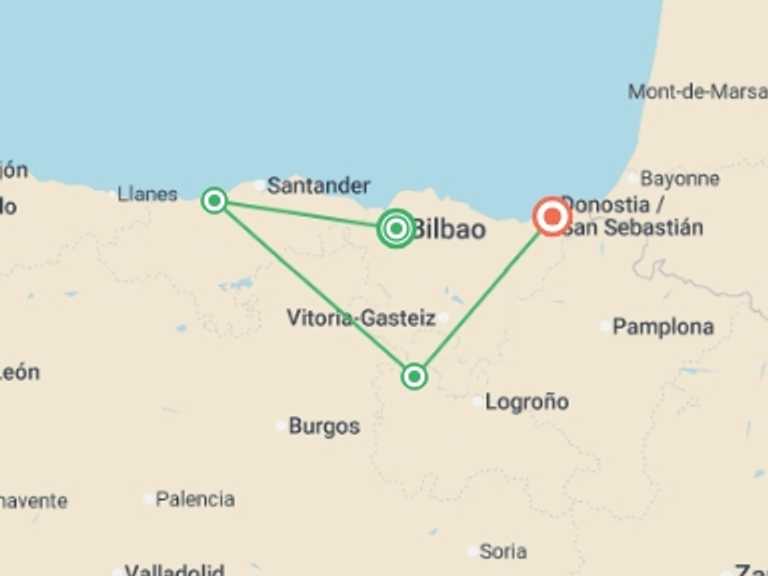 Map of Europe Tour with 4 destination visits for the trip: Signature: Northern Spain's Ancient Caves, Basque Coast & La Rioja