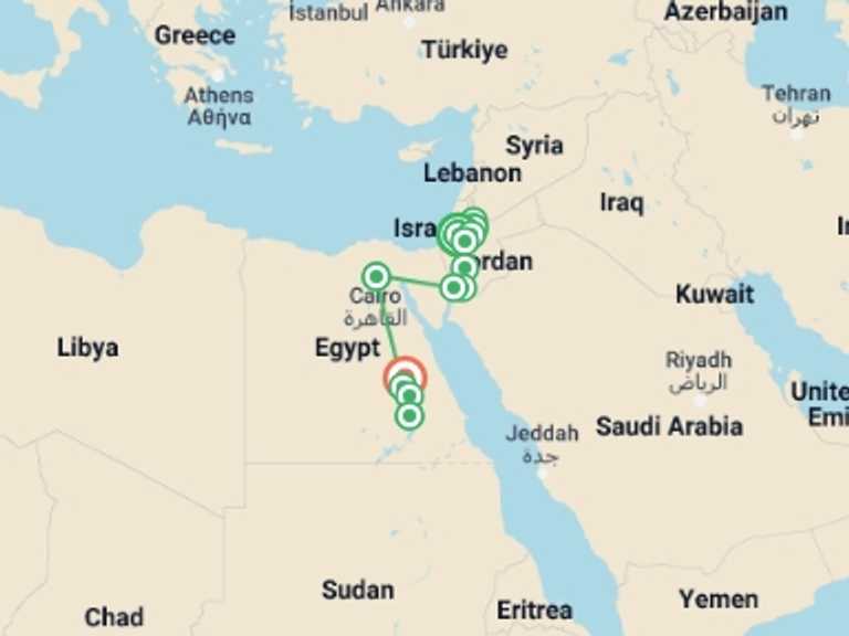 Map of 16-Day Luxor Tour with 9 destination visits for the trip: Jerusalem, Jordan and the Nile Valley
