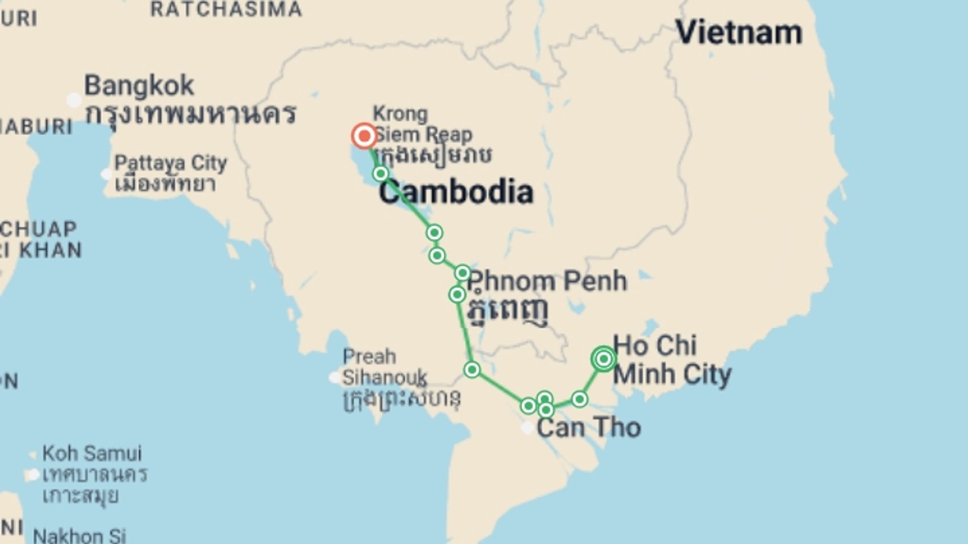 A map showing the tour itinerary for the trip: From the Mekong Delta to Siem Reap (port-to-port cruise), starting in Ho Chi Minh City, Vietnam and ending in Siem Reap, Cambodia going through 5 other destinations.