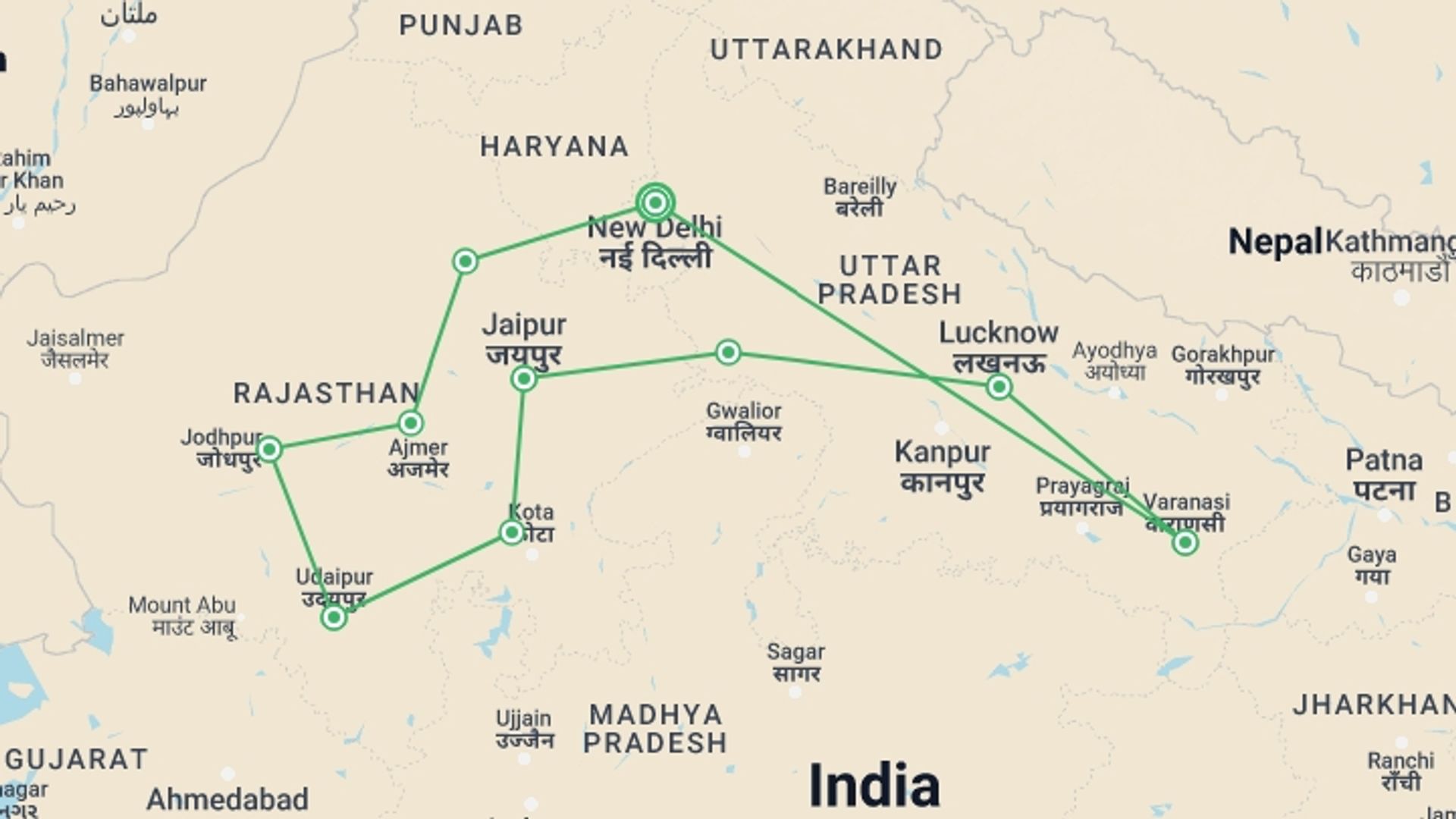 A map showing the tour itinerary for the trip: The Essence of India, starting in New Delhi, India and ending in New Delhi, India going through 9 other destinations.