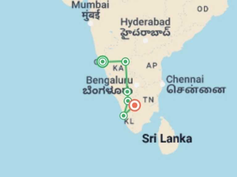 Map itinerary of India Tour in September 2027 with 6 destination visits for the trip: India: Ancient Ruins & Kerala Beaches