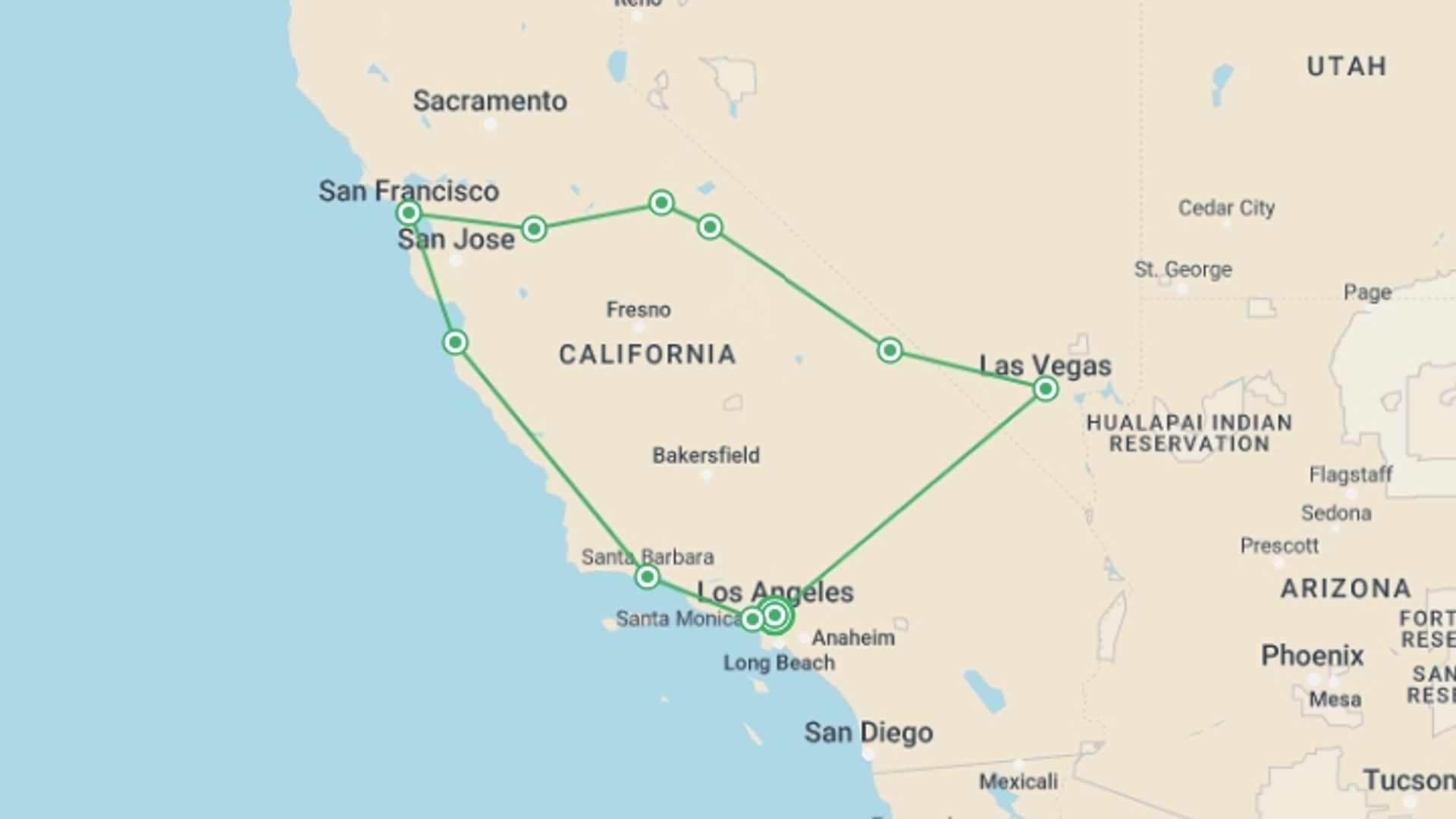 A map showing the tour itinerary for the trip: California Panorama, starting in Los Angeles, USA and ending in Los Angeles, USA going through 6 other destinations.