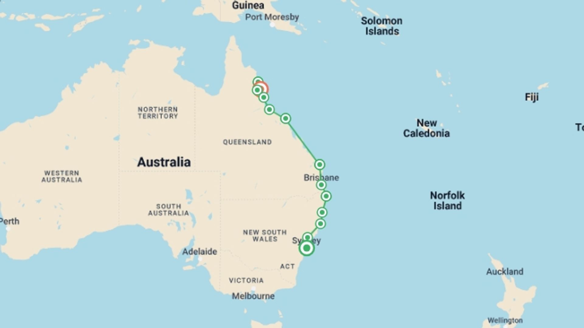 A map showing the tour itinerary for the trip: East Coast Australia Adventure, starting in Sydney and NSW, Australia and ending in Cairns, Australia going through 11 other destinations.