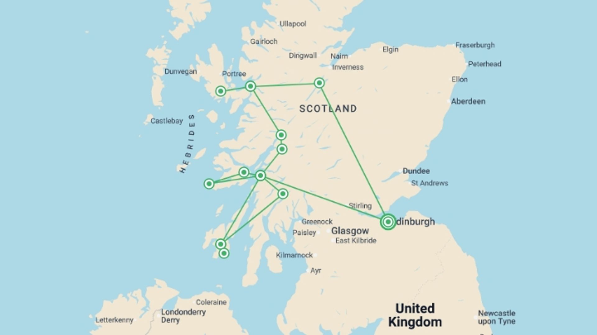 A map showing the tour itinerary for the trip: Wild Scotland & Whisky Explorer - 8 days, starting in Edinburgh, Scotland and ending in Edinburgh, Scotland going through 4 other destinations.