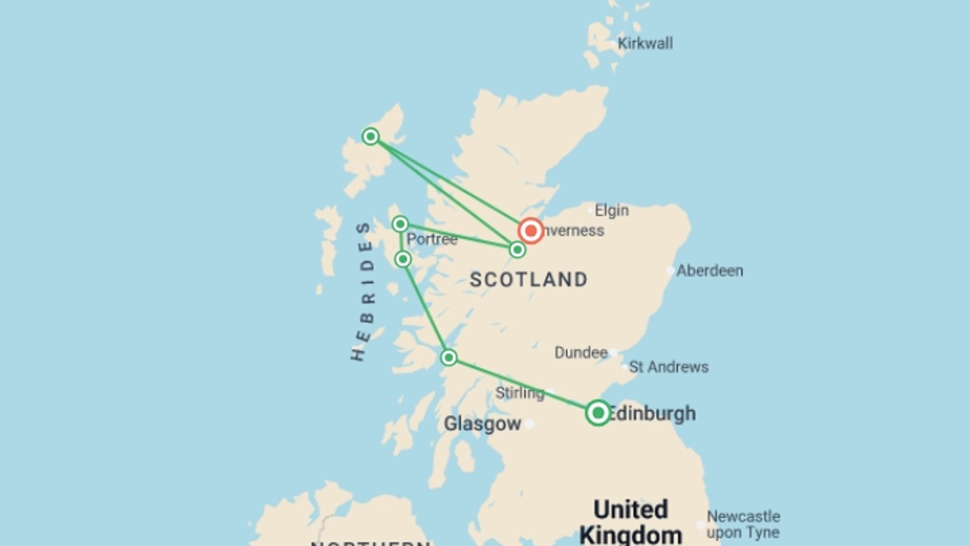 A map showing the tour itinerary for the trip: West Scotland & Islands - 8 days, starting in Edinburgh, Scotland and ending in Edinburgh, Scotland going through 6 other destinations.