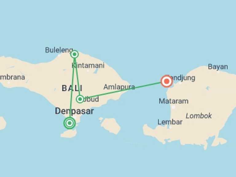 Map of Indonesia Tour with 4 destination visits for the trip: Bali: Beaches & Boat Rides