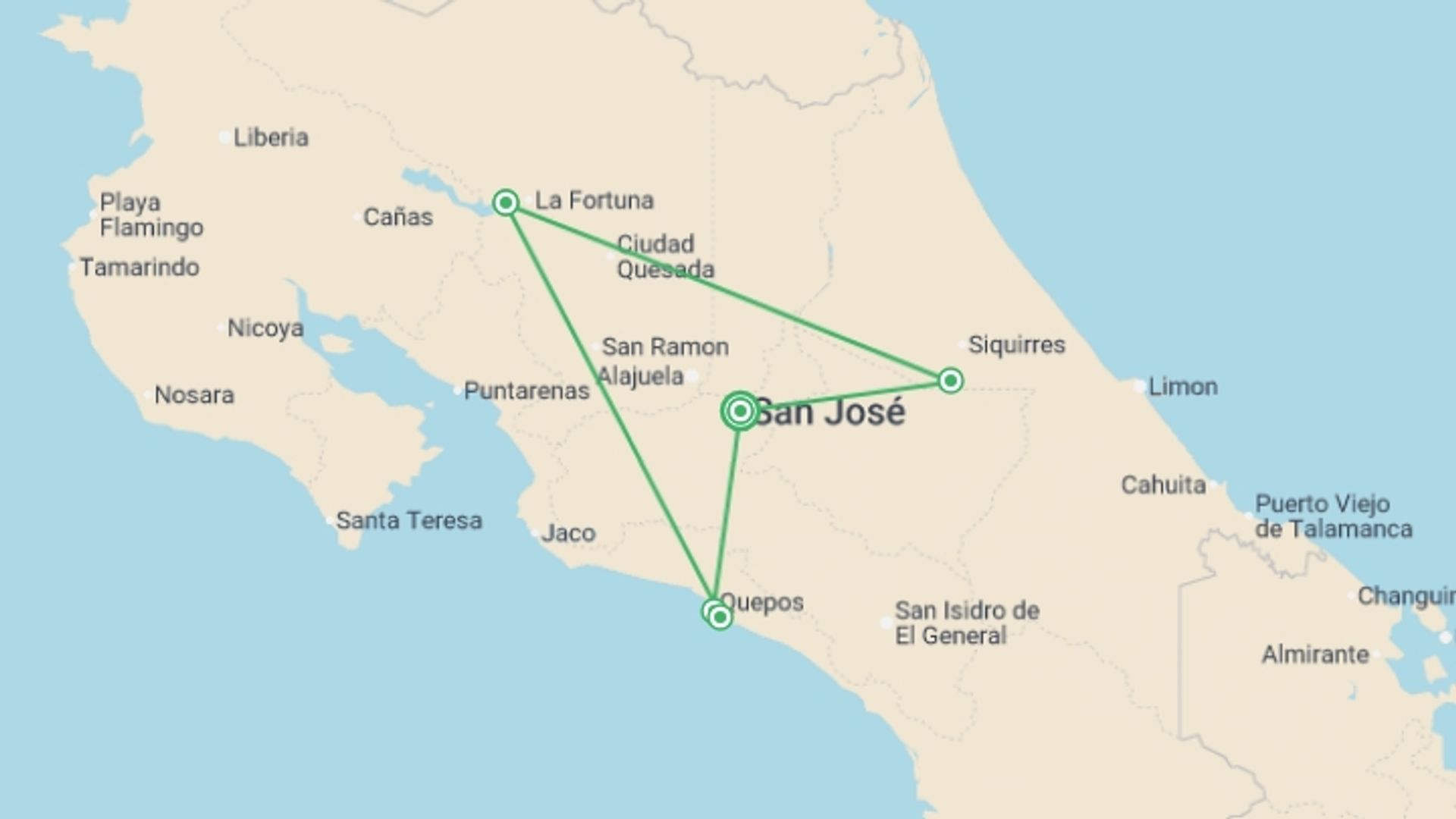 A map showing the tour itinerary for the trip: Costa Rican Adventure, starting in San Jose, Costa Rica and ending in San Jose, Costa Rica going through 4 other destinations.