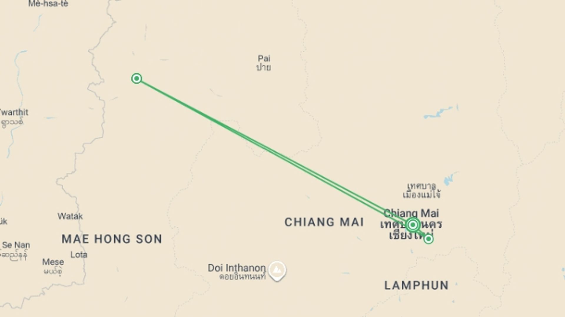 A map showing the tour itinerary for the trip: Northern Thailand Hike & Homestays, starting in Chiang Mai, Thailand and ending in Chiang Mai, Thailand going through 2 other destinations.