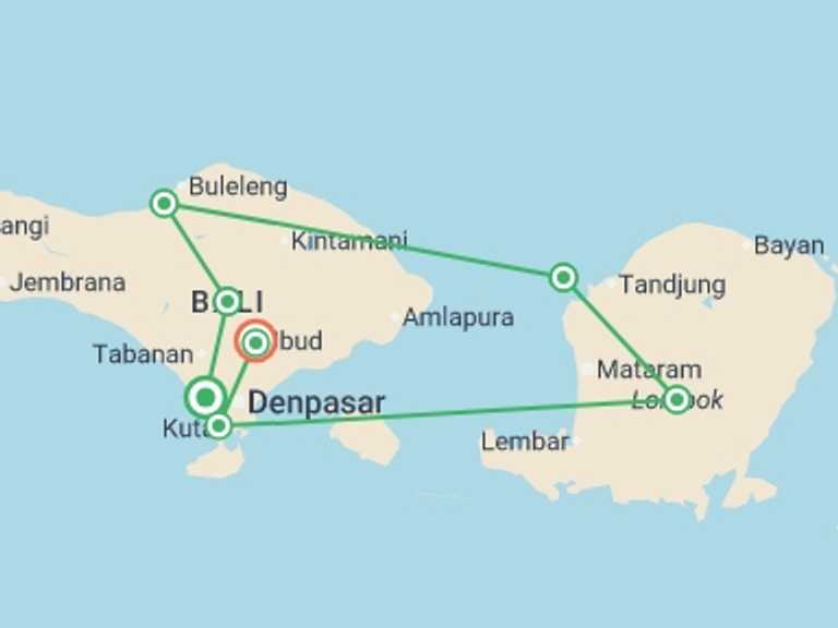 Map itinerary of Indonesia Tour in June 2026 with 8 destination visits for the trip: Epic Indonesia 15 Day