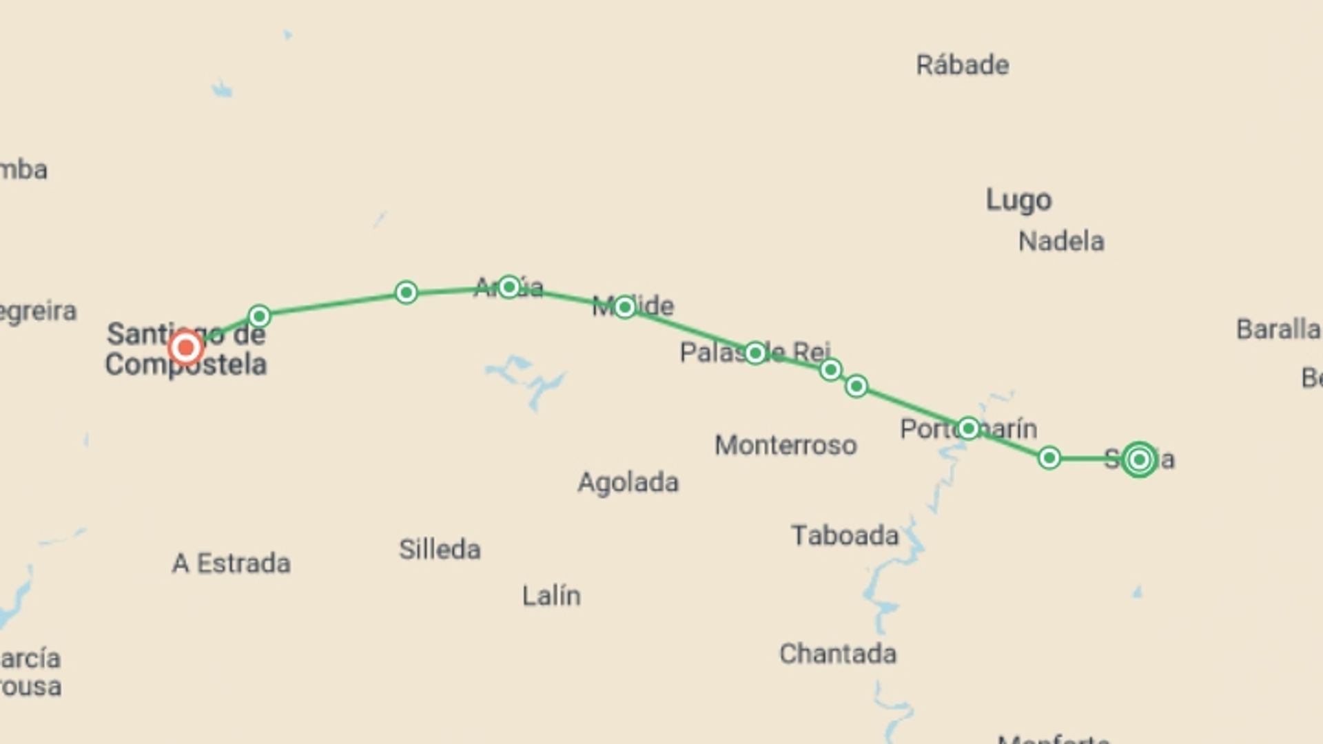 A map showing the tour itinerary for the trip: Camino - Sarria to Santiago Rambler, starting in Sarria, Spain and ending in Santiago De Compostela, Spain going through 8 other destinations.