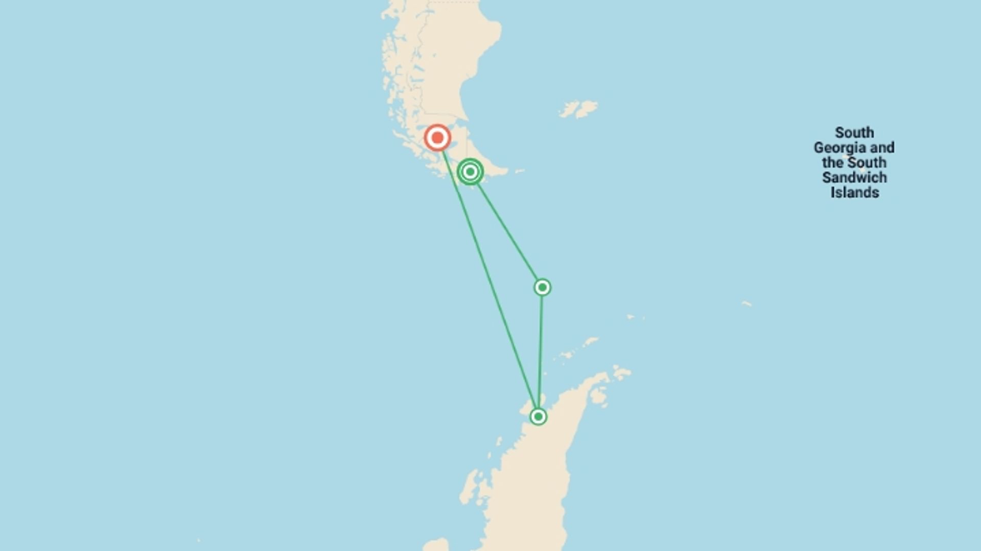 A map showing the tour itinerary for the trip: Antarctic Express: Sail South, Fly North via Buenos Aires, starting in Ushuaia, Argentina and ending in Punta Arenas, Chile going through 2 other destinations.