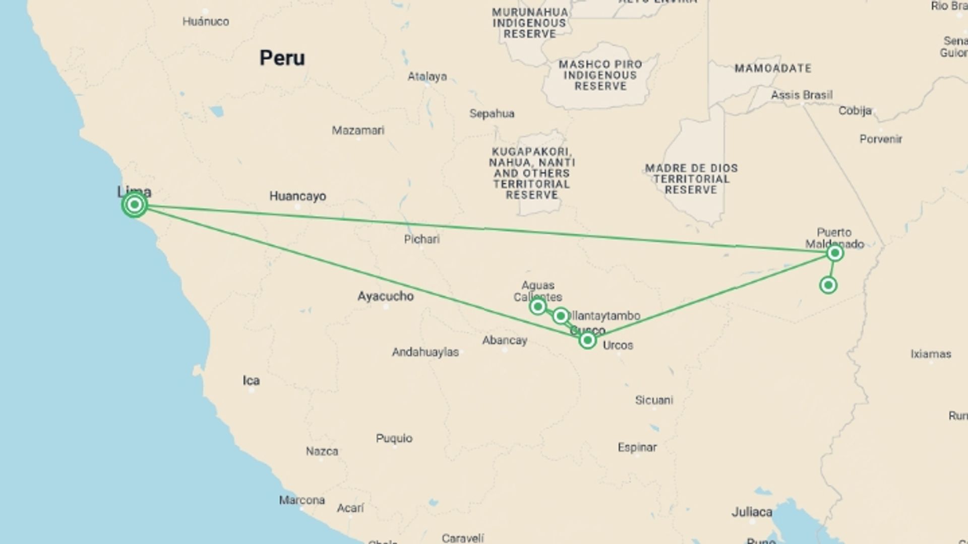 A map showing the tour itinerary for the trip: Peru Family Experience, starting in Lima, Peru and ending in Lima, Peru going through 3 other destinations.