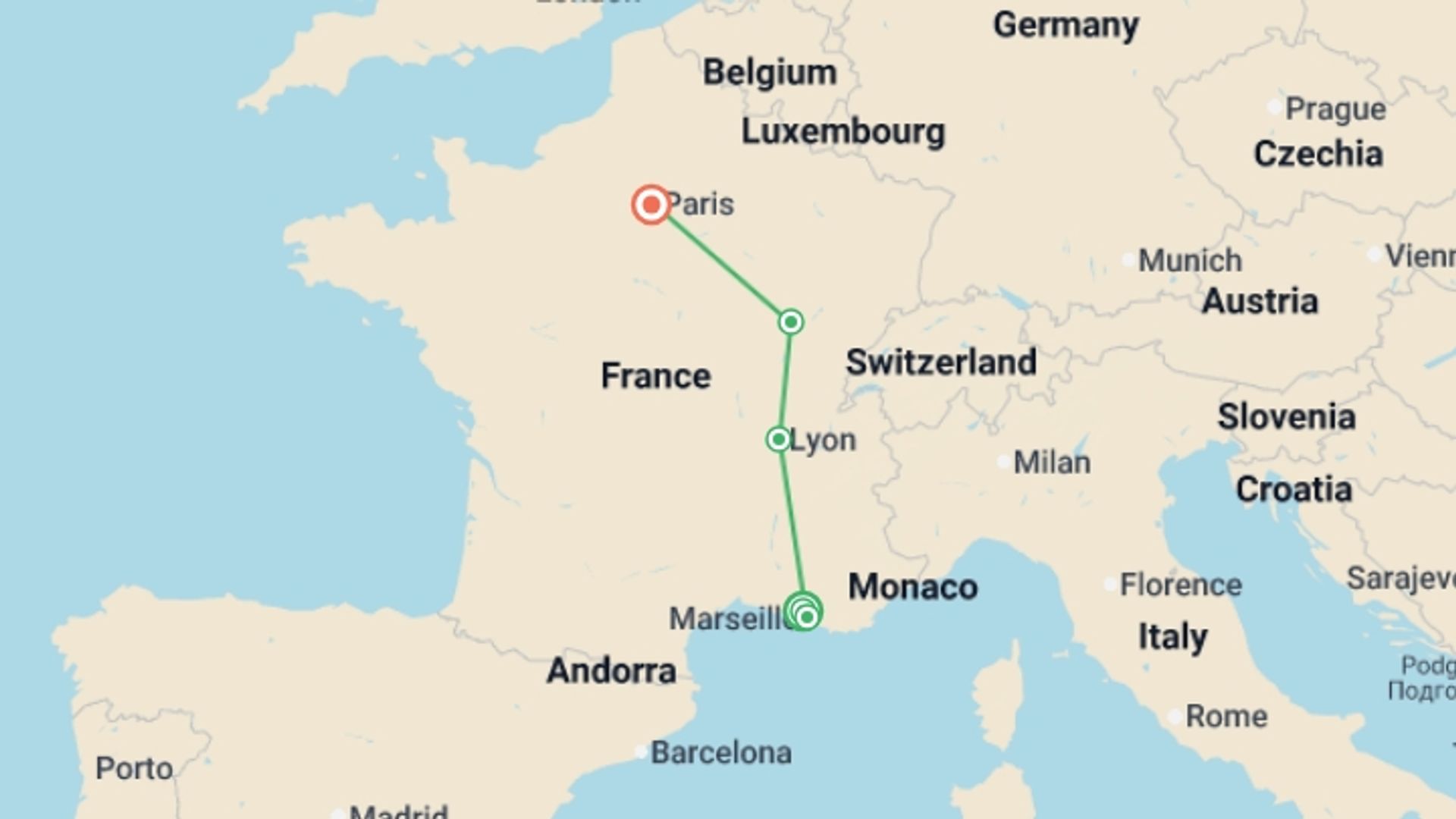 A map showing the tour itinerary for the trip: Crossing France, starting in Cote D'Azur, France and ending in Paris, France going through 4 other destinations.