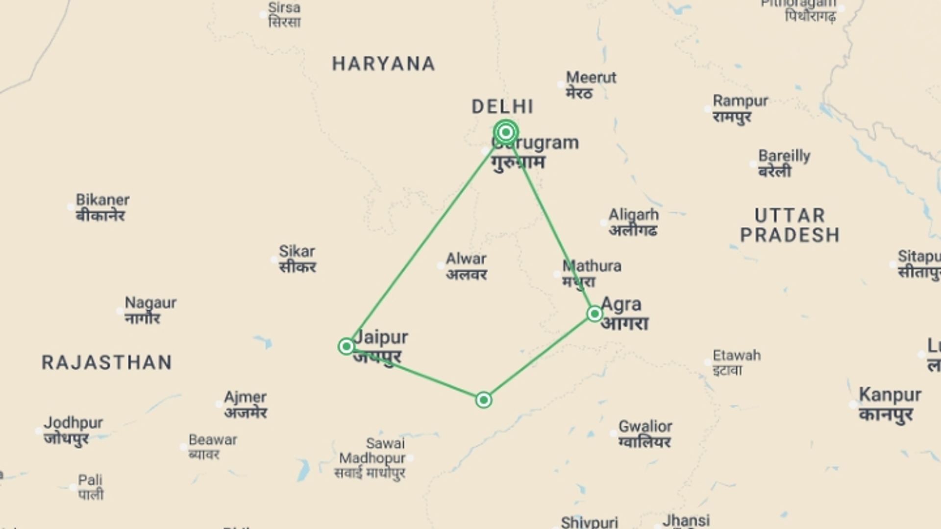 A map showing the tour itinerary for the trip: Diwali, Festival of Lights - 8 days, starting in New Delhi, India and ending in New Delhi, India going through 3 other destinations.