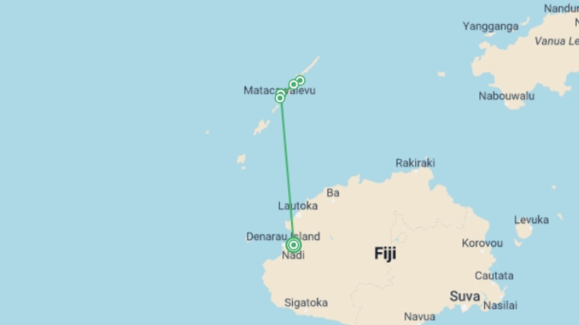 A map showing the tour itinerary for the trip: Yasawa Islands Sea Kayaking - Fiji, starting in Nadi, Fiji and ending in Nadi, Fiji going through 3 other destinations.