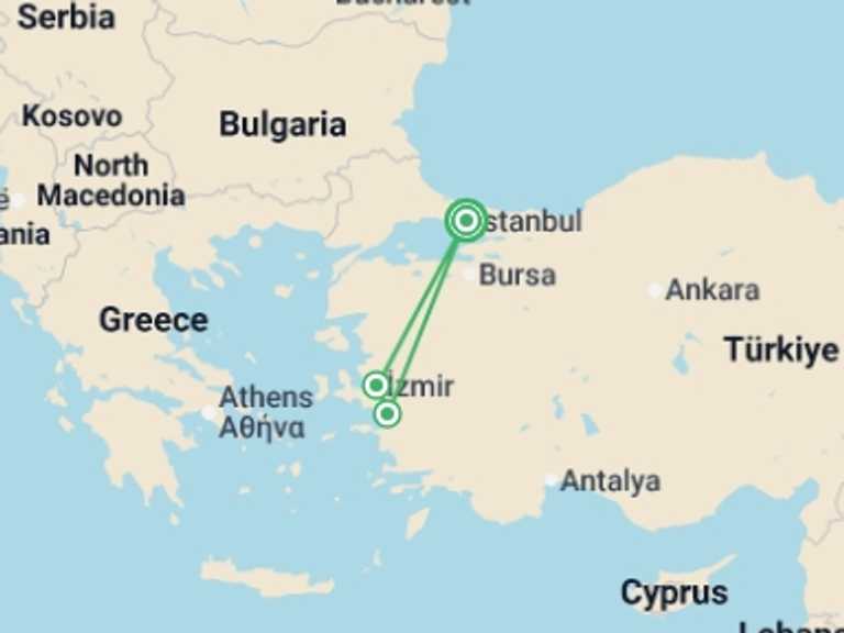 Map itinerary of Turkey Tour in March 2027 with 3 destination visits for the trip: 6 Days - Istanbul, Kusadasi (ephesus), Pamukkale / By Plane