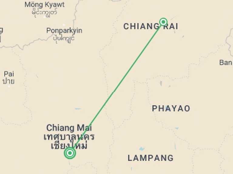 Map of Chiang Mai Getaways and short breaks Tour with 2 destination visits for the trip: Chiang Mai To Chiang Rai, Small Group Tour