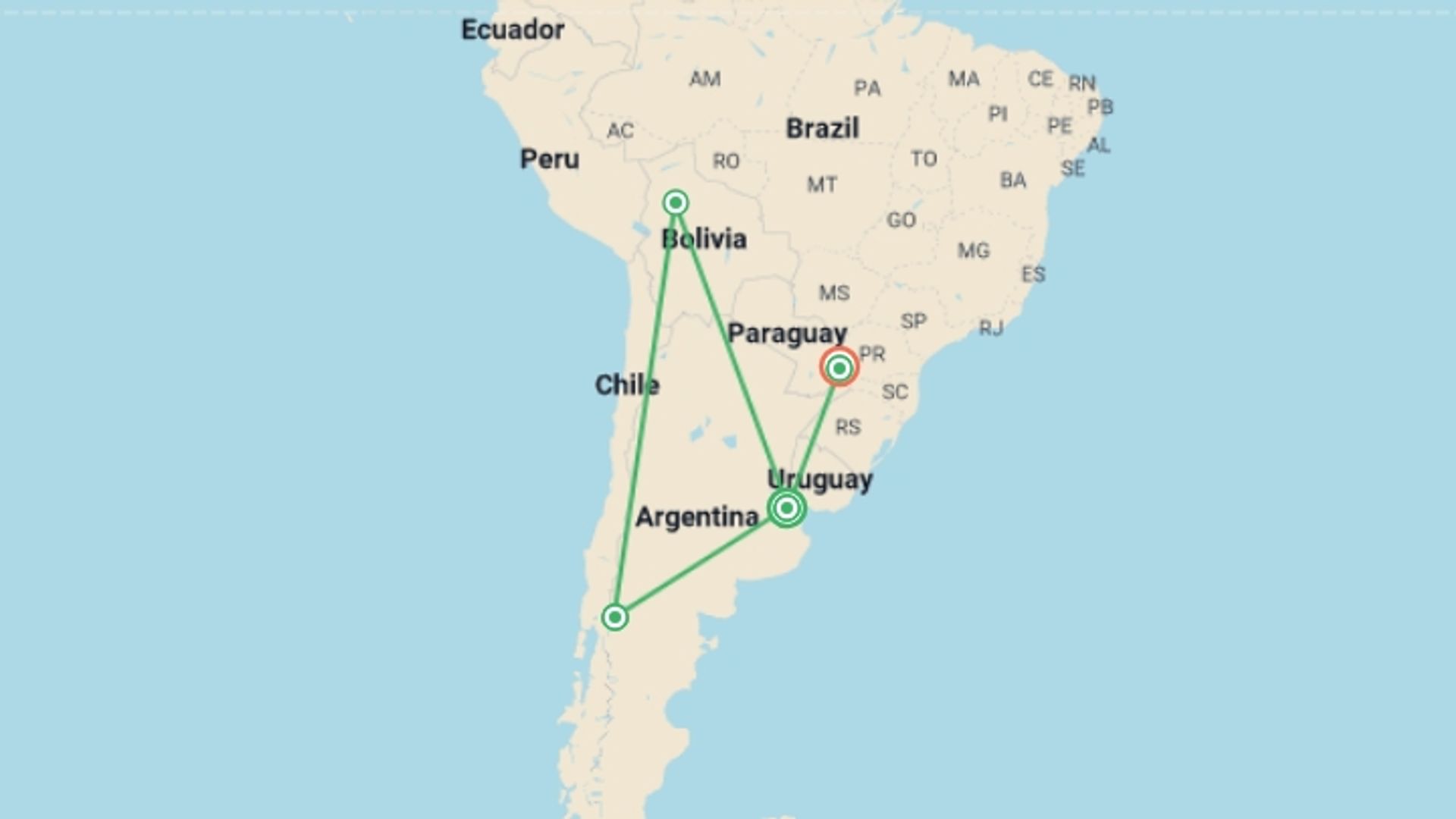A map showing the tour itinerary for the trip: Buenos Aires, Bariloche & Iguazu Falls: 9 Nights, starting in Buenos Aires, Argentina and ending in Puerto Iguazu, Argentina going through 3 other destinations.
