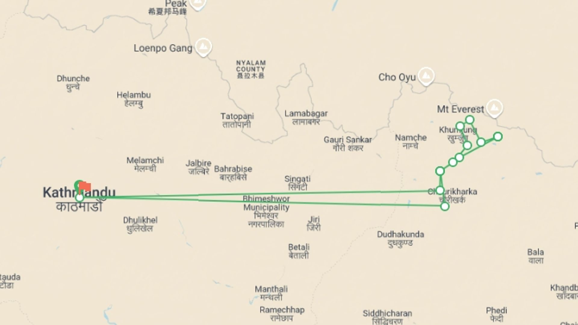 A map showing the tour itinerary for the trip: Island Peak Climb with Everest Base Camp Trek, starting in Kathmandu, Nepal and ending in Kathmandu, Nepal going through 11 other destinations.