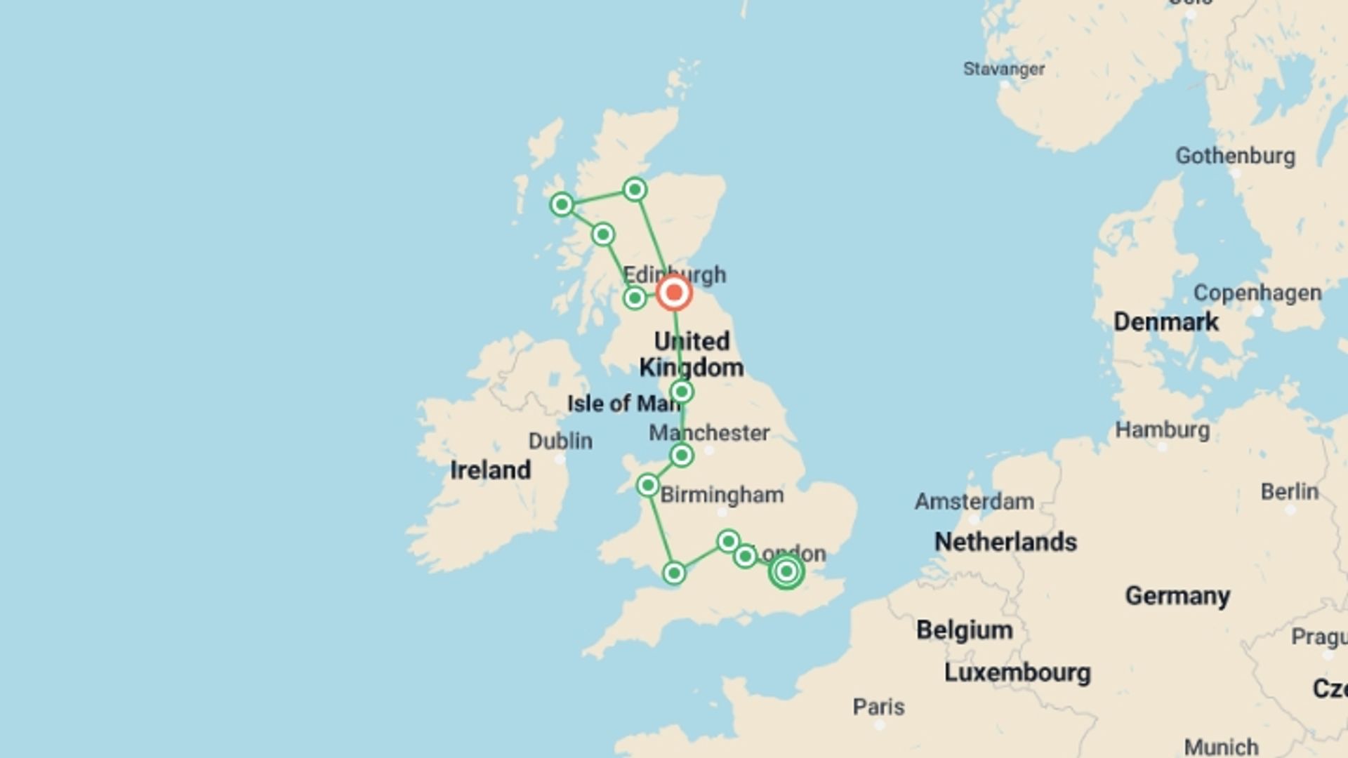 A map showing the tour itinerary for the trip: Best of England, Wales and Scotland, starting in London, England and ending in Edinburgh, Scotland going through 10 other destinations.