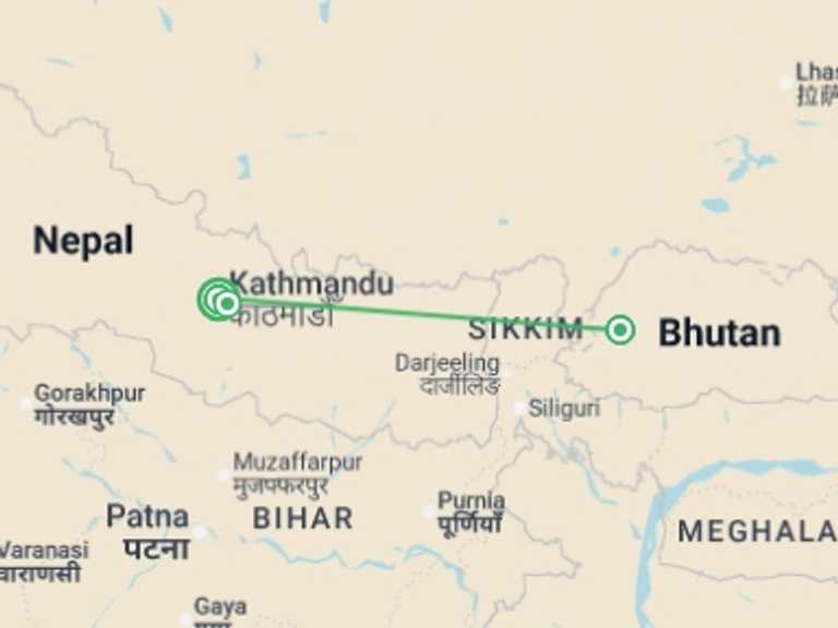 Map of Asia Tour with 3 destination visits for the trip: Signature Nepal & Bhutan | Peaks & Prayer Flags