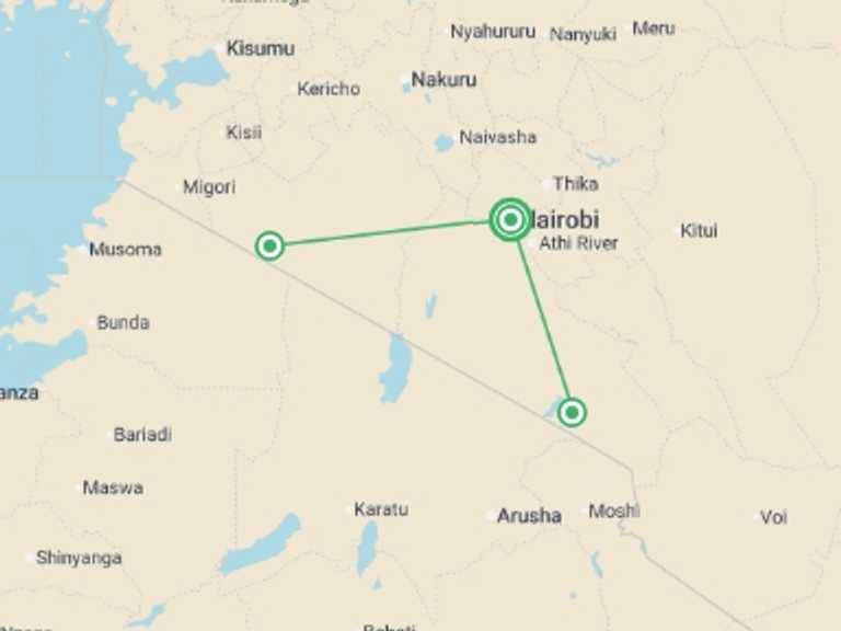 Map of Kenya Tour with 3 destination visits for the trip: Kenya Safari 35 to 45