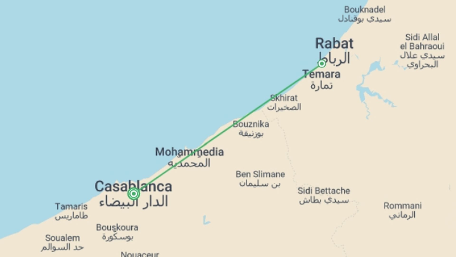 A map showing the tour itinerary for the trip: Casablanca & Rabat 5 star - 4 days, starting in Casablanca, Morocco and ending in Casablanca, Morocco going through 1 other destinations.