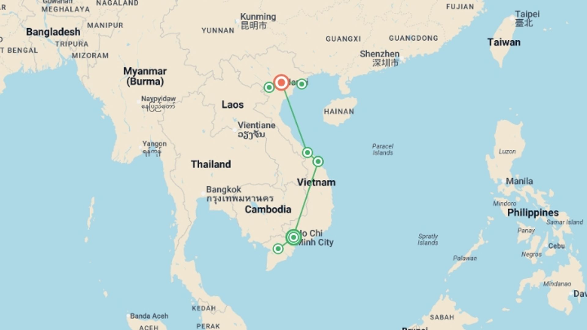 A map showing the tour itinerary for the trip: Premium Vietnam in Depth, starting in Ho Chi Minh City, Vietnam and ending in Hanoi, Vietnam going through 7 other destinations.