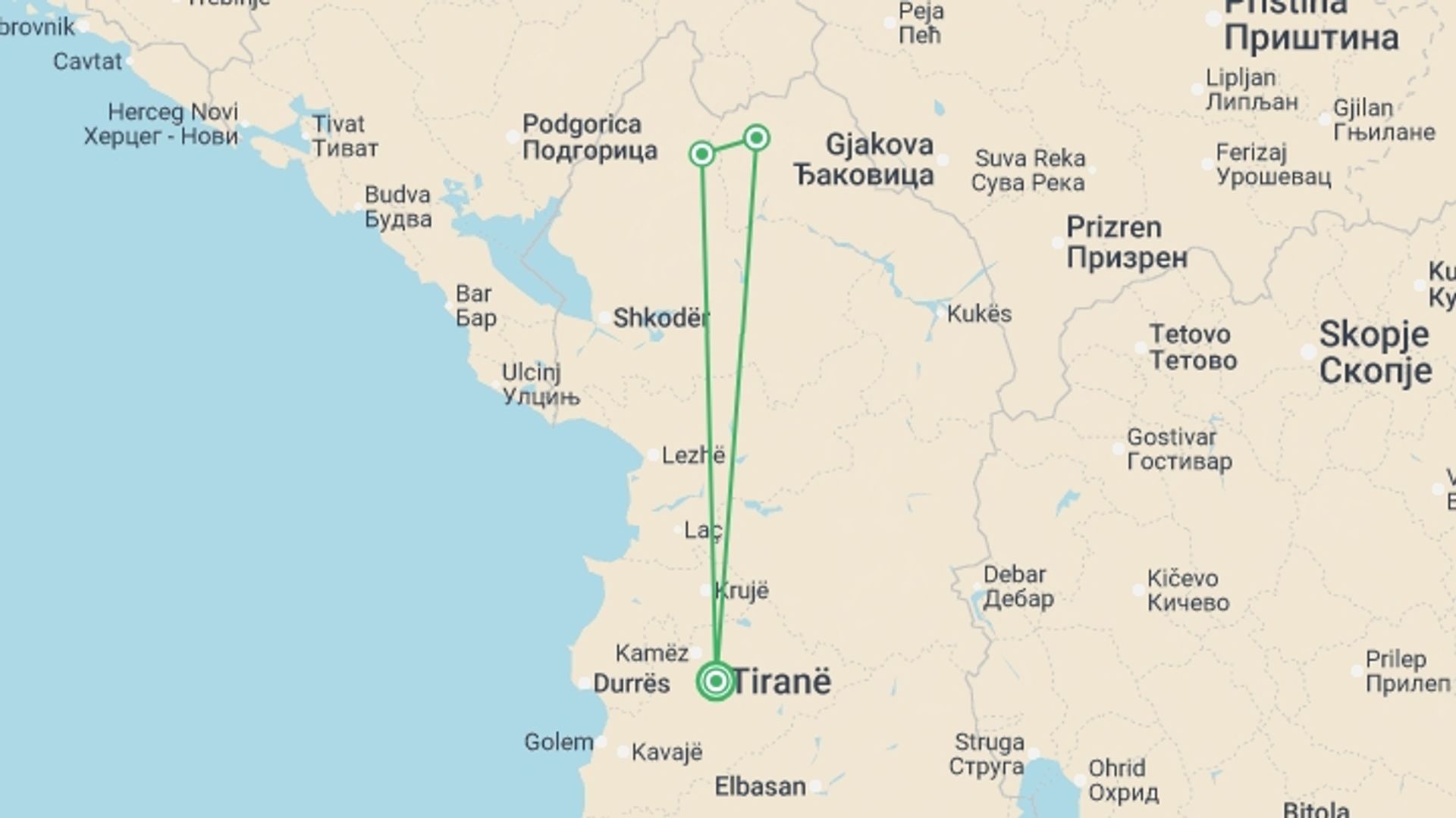 A map showing the tour itinerary for the trip: Trek Albania - 4 days, starting in Tirana, Albania and ending in Tirana, Albania going through 2 other destinations.