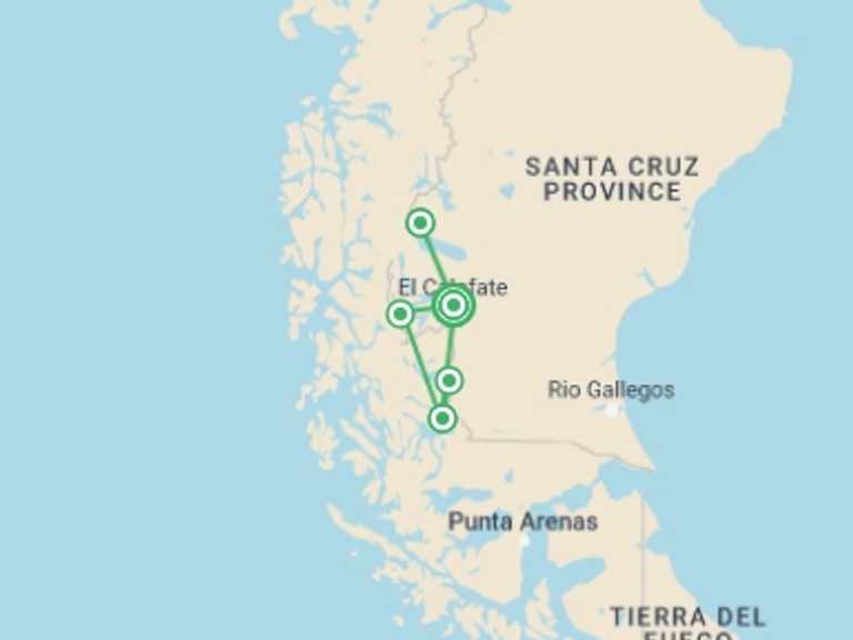 Map of a Adventure Tour with 6 destination visits for the trip: Fixed Group Tour: Patagonia Essentials 