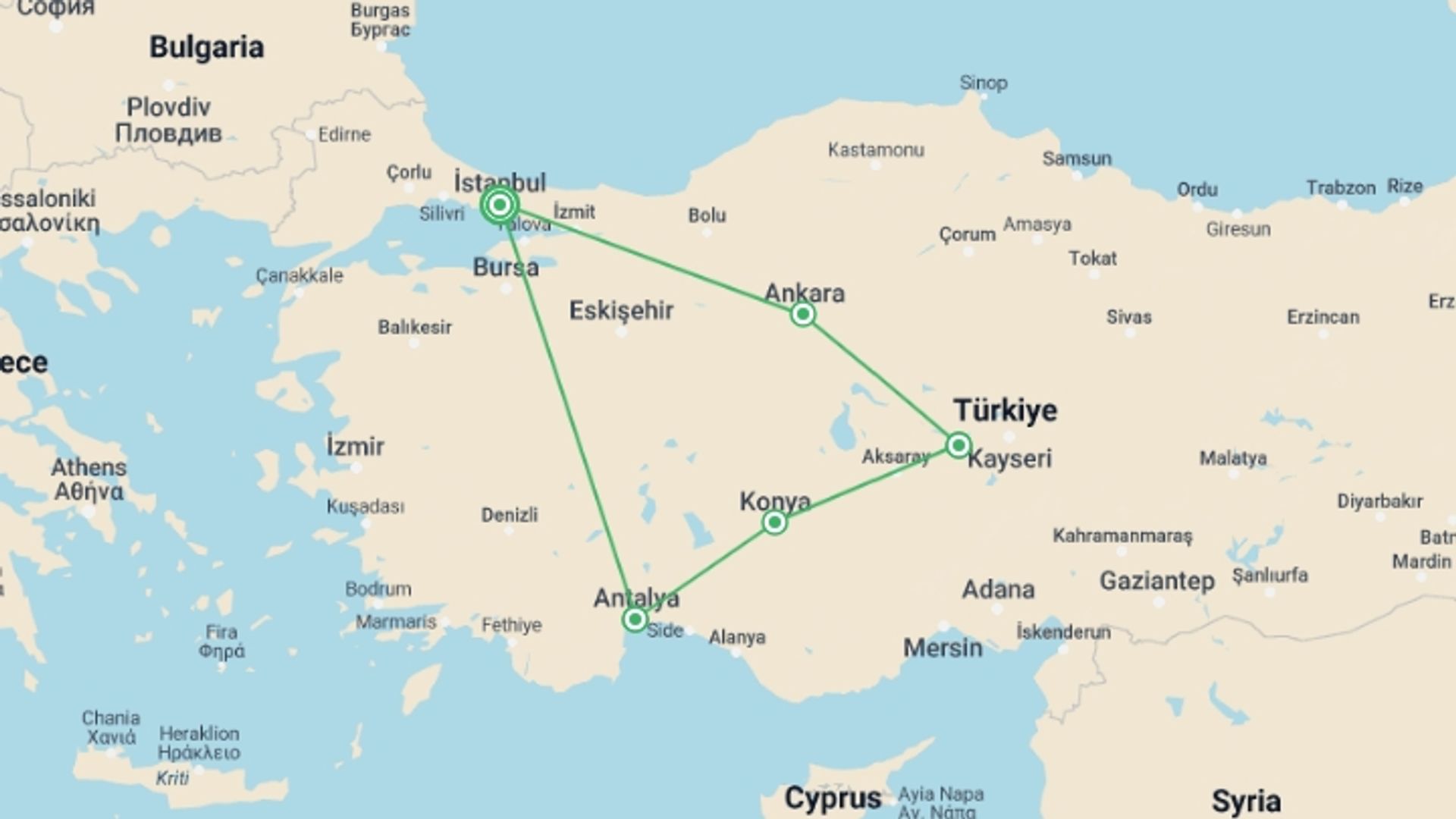 A map showing the tour itinerary for the trip: Fantastic Turkey Luxury Tour, starting in Istanbul, Turkey and ending in Istanbul, Turkey going through 4 other destinations.
