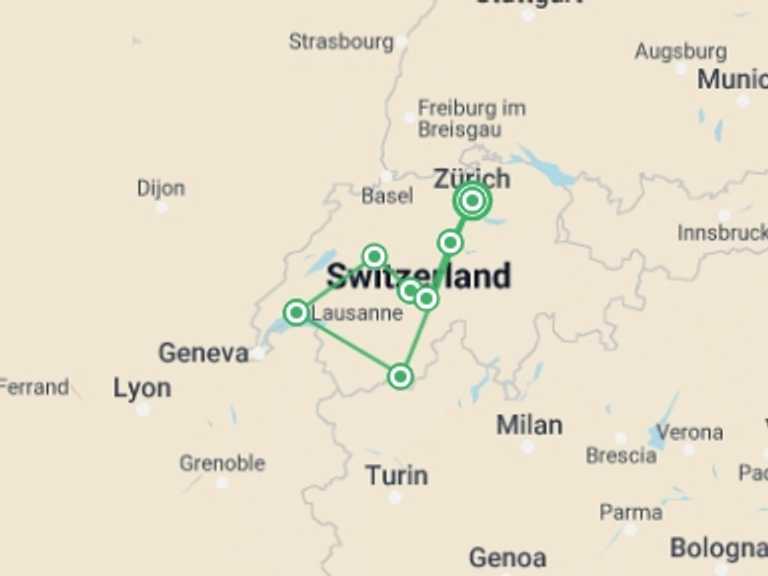 Map of a Glaciers Tour with 6 destination visits for the trip: Highlights of Switzerland in Eleven Days