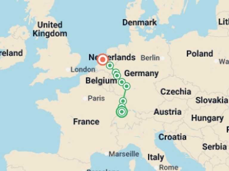Map itinerary of Europe Tour in April 2027 with 6 destination visits for the trip: From Basel to Amsterdam : The Treasures of the Celebrated Rhine River (port-to-port cruise)