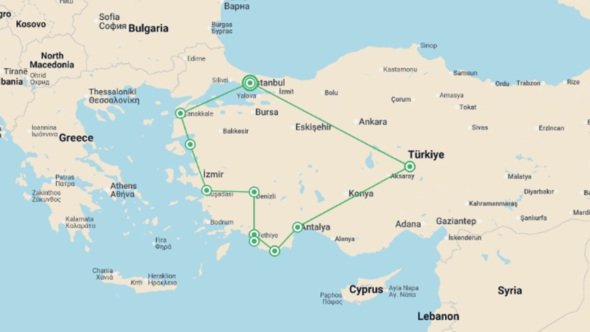 A map showing the tour itinerary for the trip: Real Turkey, starting in Istanbul, Turkey and ending in Istanbul, Turkey going through 9 other destinations.