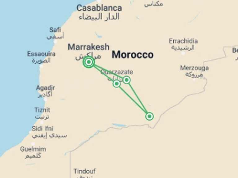 Map of 8-Day Marrakech Tour with 4 destination visits for the trip: Morocco: Marrakech & The Sahara