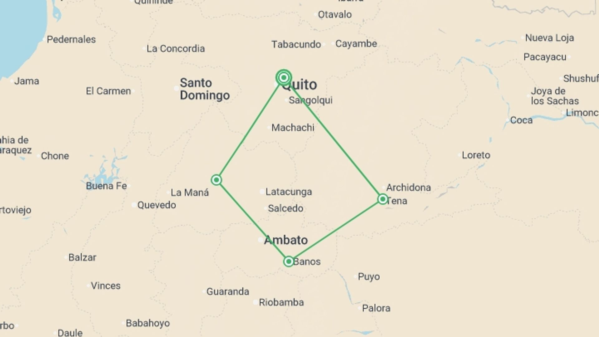 A map showing the tour itinerary for the trip: Ecuador: The Amazon, Cloud Forests & Crater Lakes, starting in Quito, Ecuador and ending in Quito, Ecuador going through 3 other destinations.