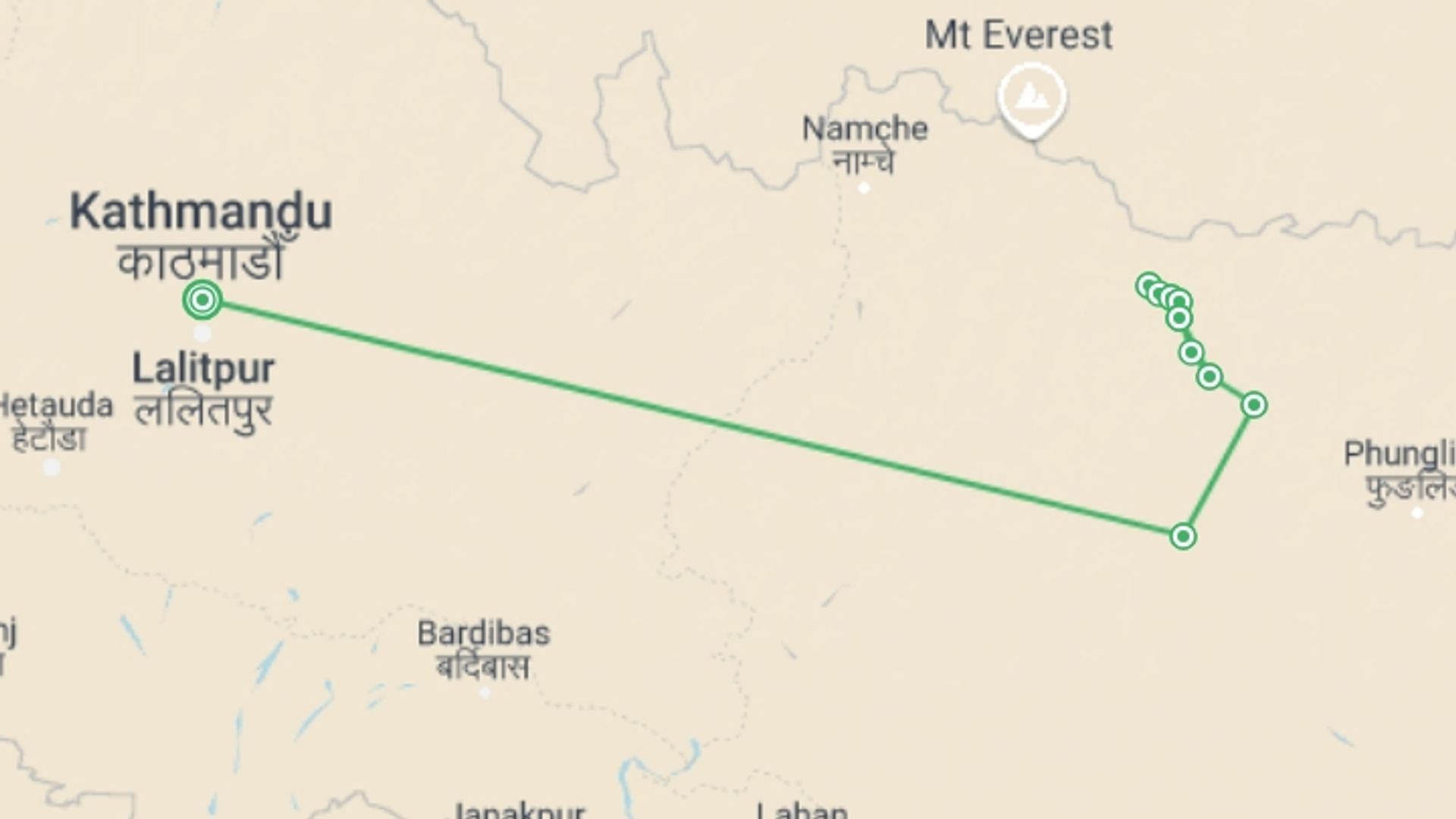 A map showing the tour itinerary for the trip: Makalu Base Camp Trek, starting in Kathmandu, Nepal and ending in Kathmandu, Nepal going through 10 other destinations.