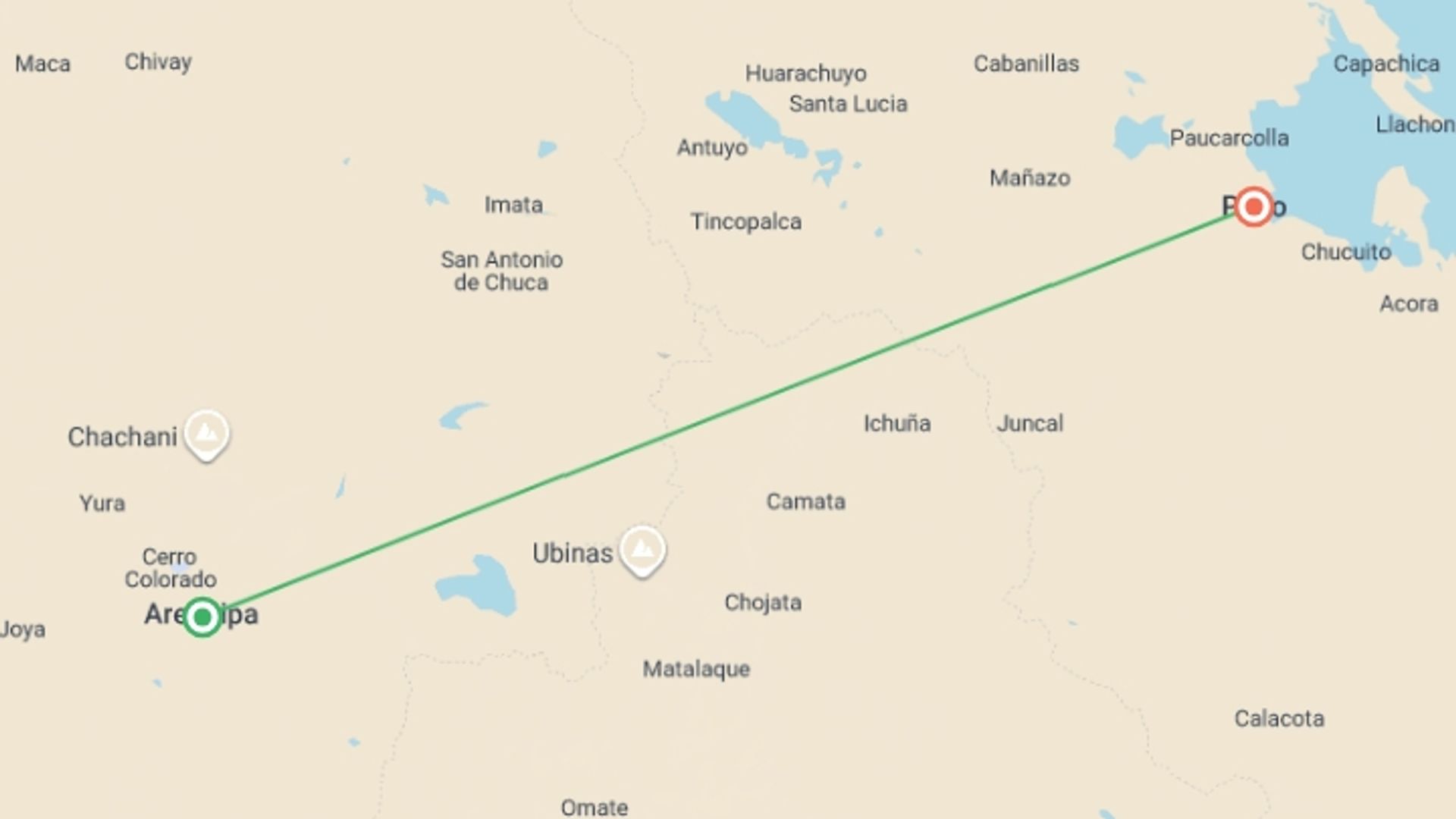 A map showing the tour itinerary for the trip: 2-day Colca Canyon Classic Tour with transfer to Puno - Yanque, starting in Arequipa, Peru and ending in Puno, Peru going through 0 other destinations.